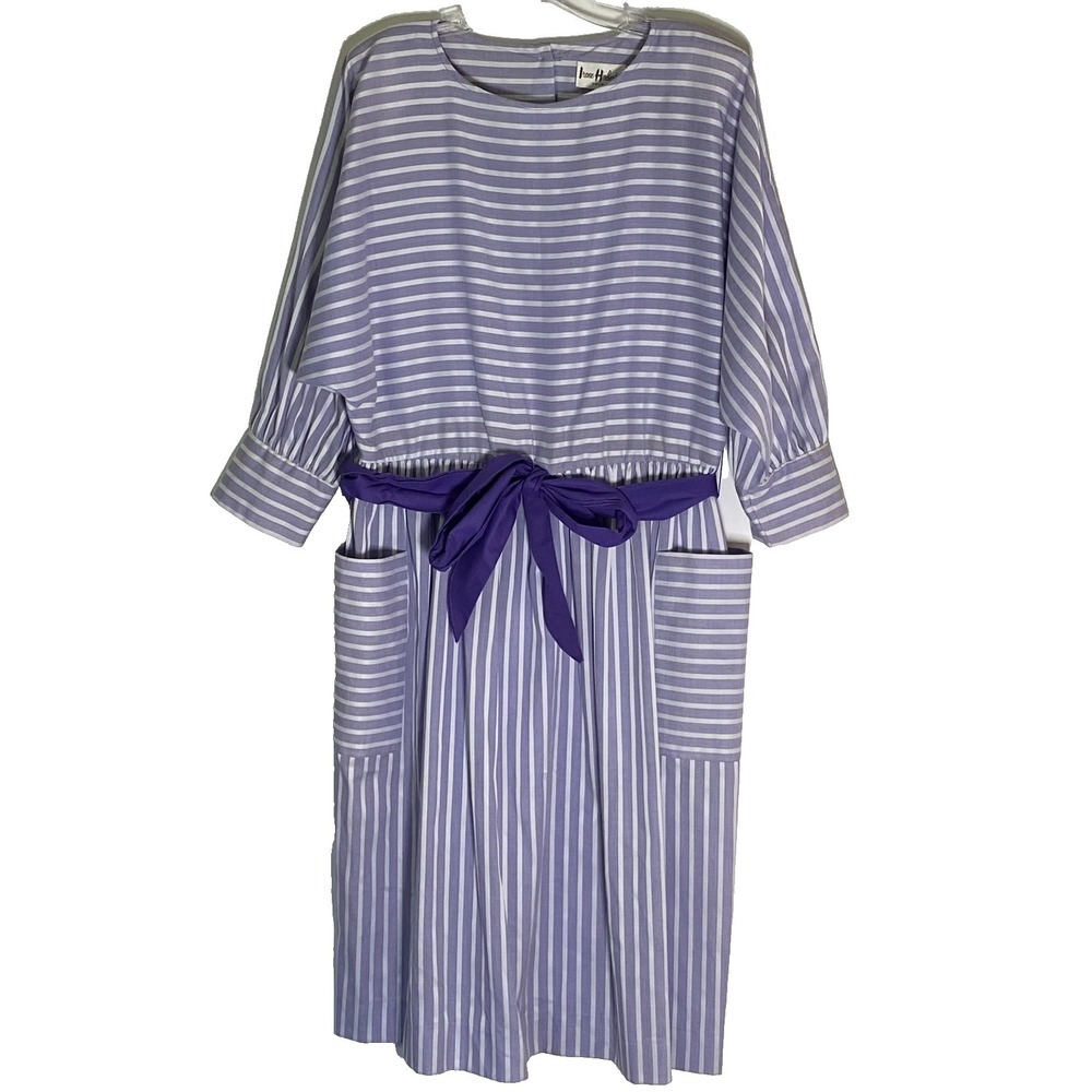 Vintage Irene Herberts Dress Womens 16 Purple Striped Midi Pockets 3/4 Sleeve